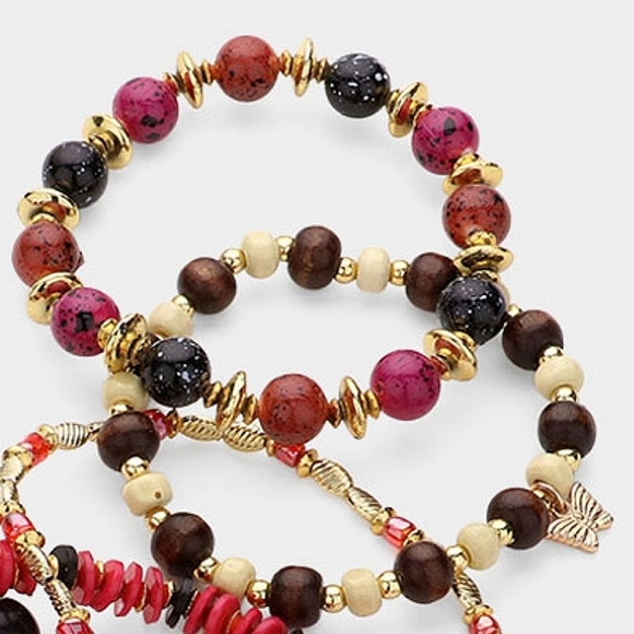 Red Gold Beaded 7 PC Dolphin Heart Charm Metal Stack Stretch Layered Bracelets - Picture 4 of 5